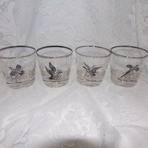 4 Federal Glass Sportsman 4 3/8" Whiskey Rocks Glasses Game Birds Silver Rim